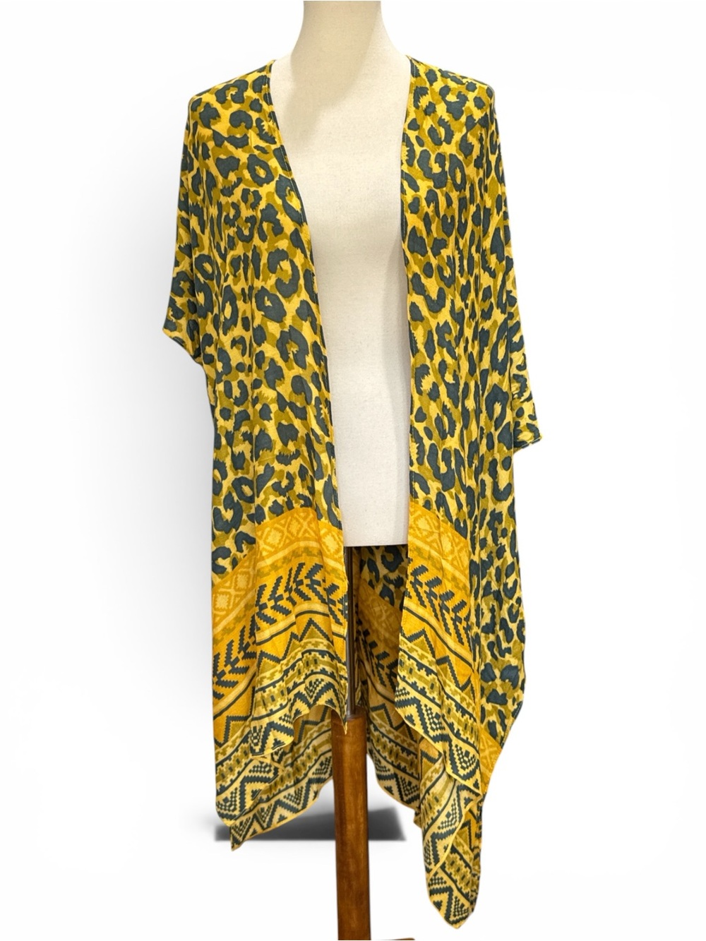 Yellow Leopard Print Kimono with Geometric Border #445